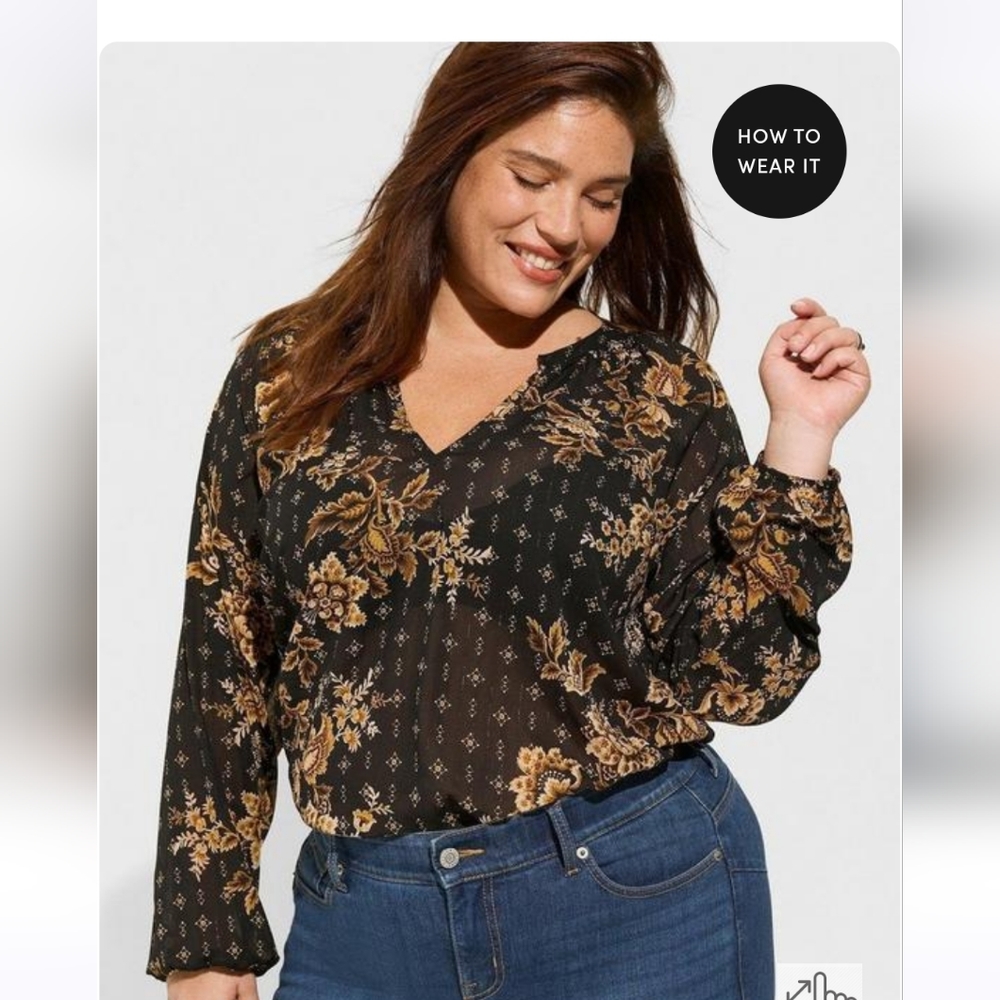 Torrid Crinkle Chiffon Lurex Peasant Long Sleeve Blouse, size 00